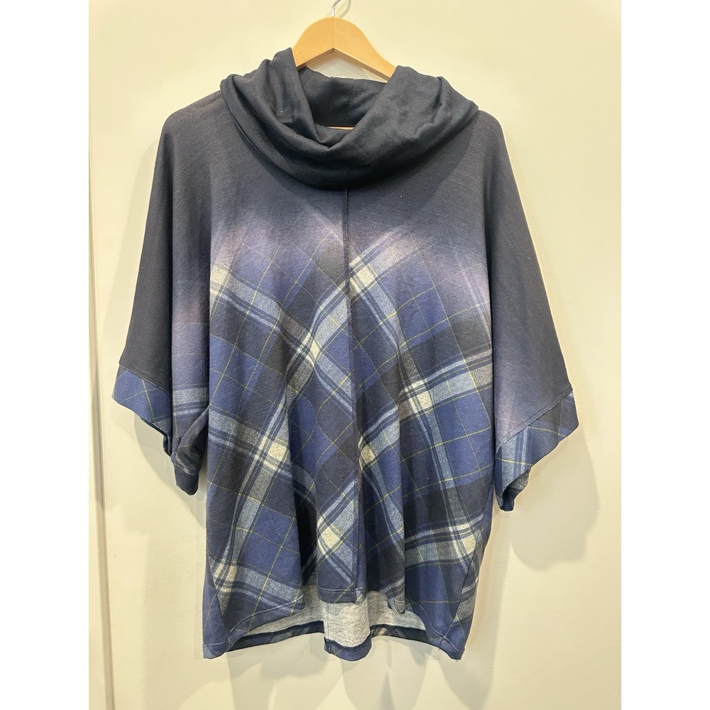 One World Womens Large Blue Plaid 3/4 Sleeve Cowl Neck Dolman Sleeve Top